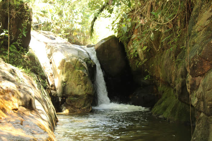 Cachoeira caindo entre pedras cobertas de musgo e formando um poço de água escura, dentro da mata